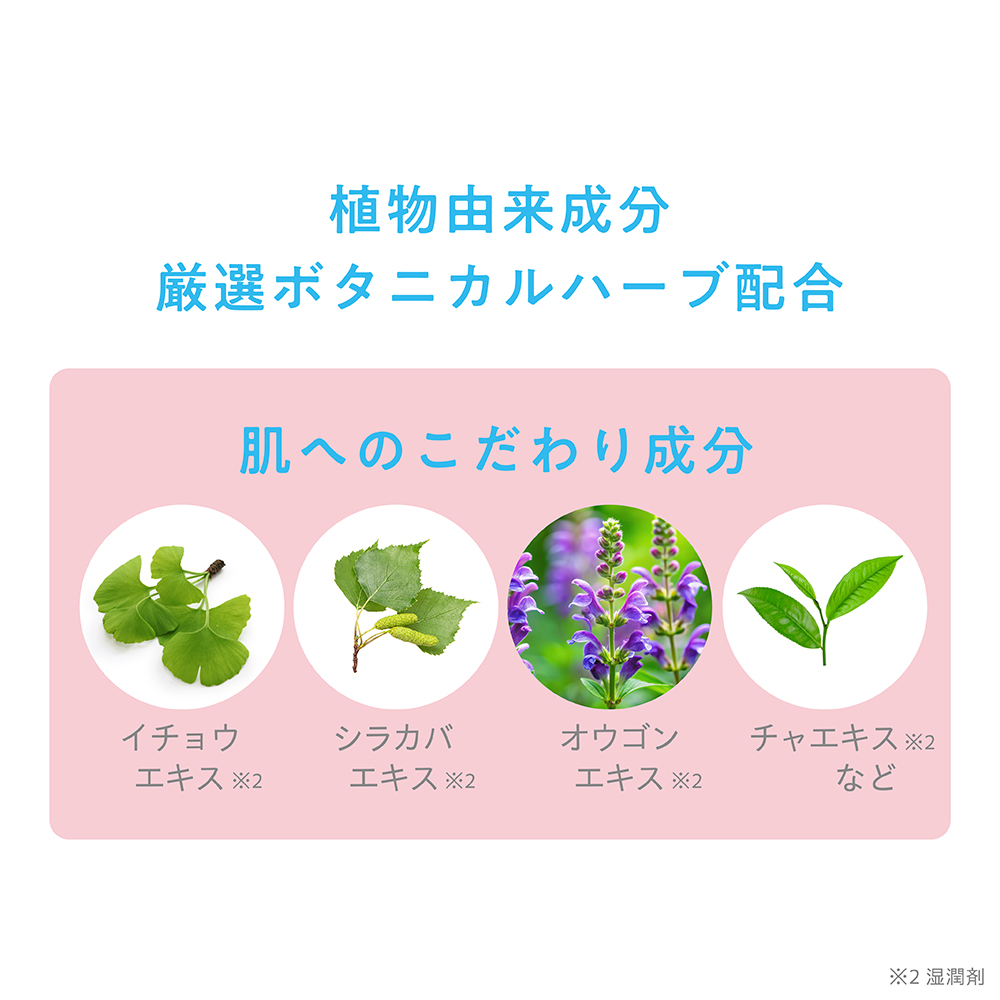 植物由来成分厳選ボタニカルハーブ配合 肌へのこだわり成分:イチョウエキス・シラカバエキス・オウゴンエキス・チャエキスなど