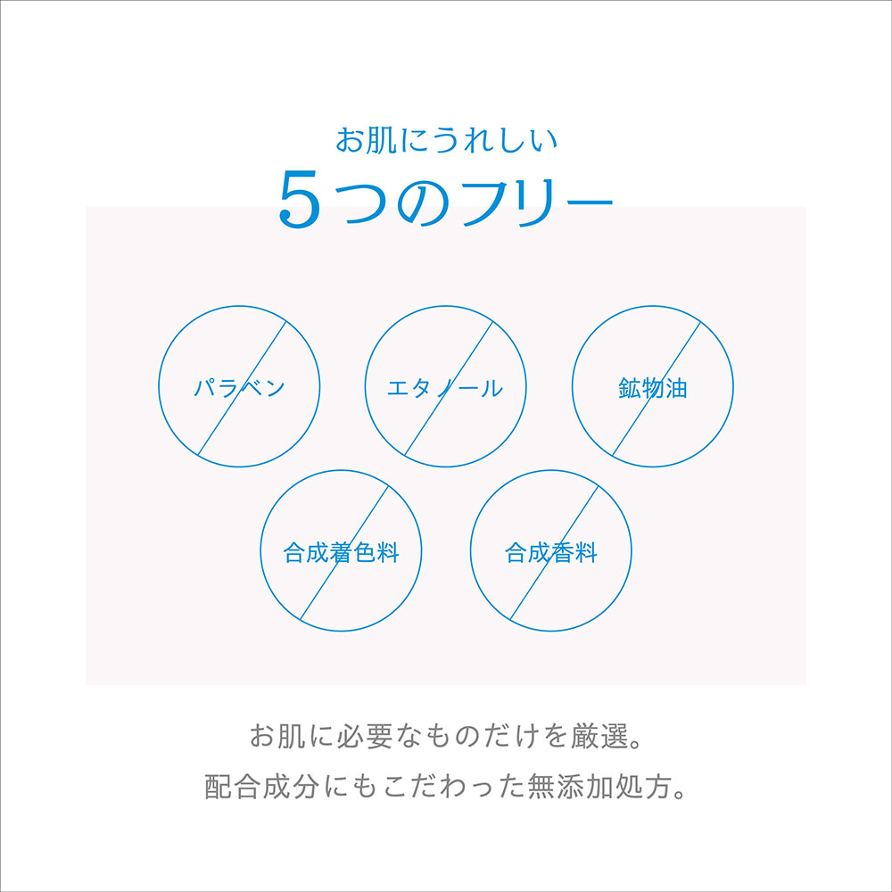 お肌にうれしい5つのフリー パラベン エタノール 鉱物油 合成着色料 合成香料 お肌に必要な物だけを厳選。配合成分にもこだわった無添加処方。